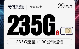
电信飞江卡29元月费享235G流量加100分钟通话
